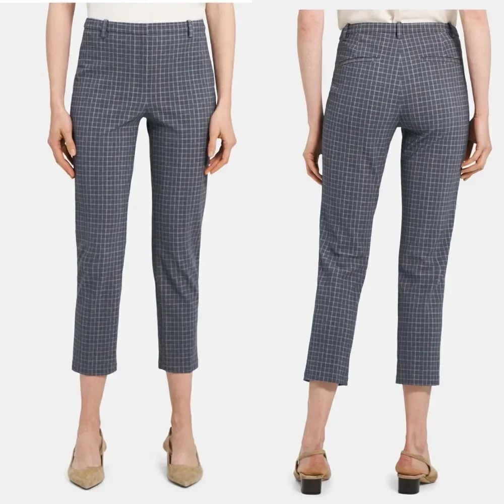 Theory CL Slim Cropped Pant in Printed Performance Knit Gray Multi Size 4